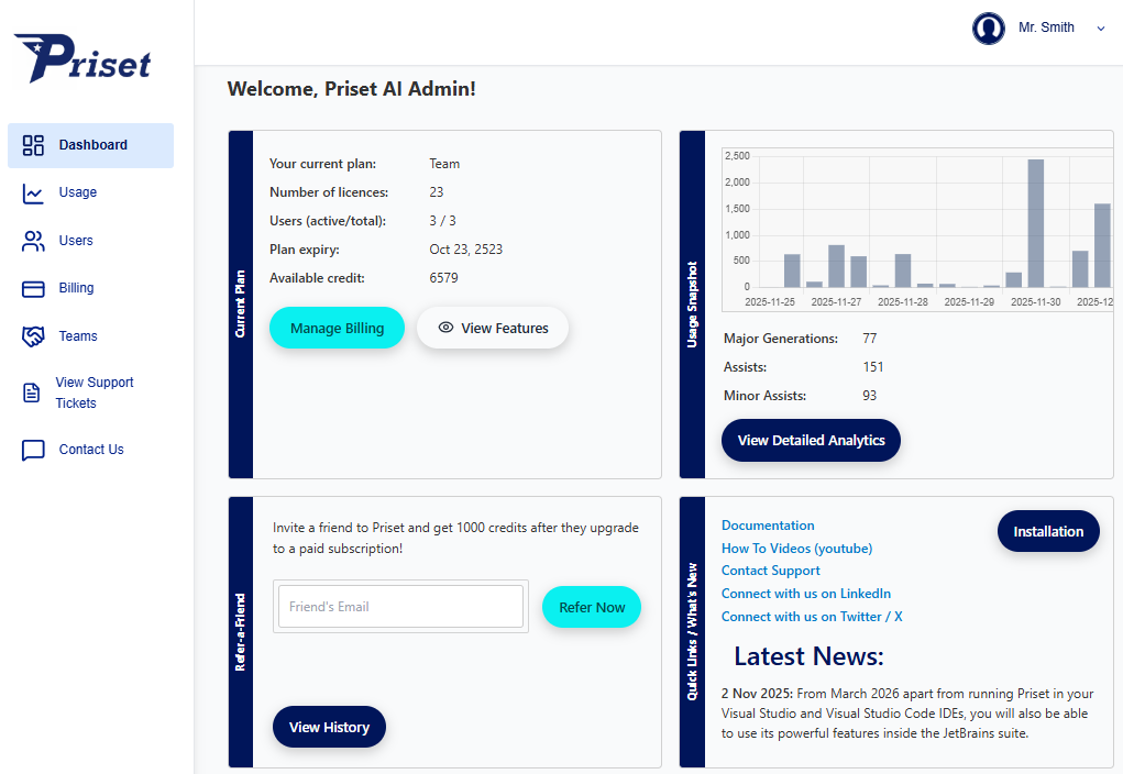Priset User Dashboard