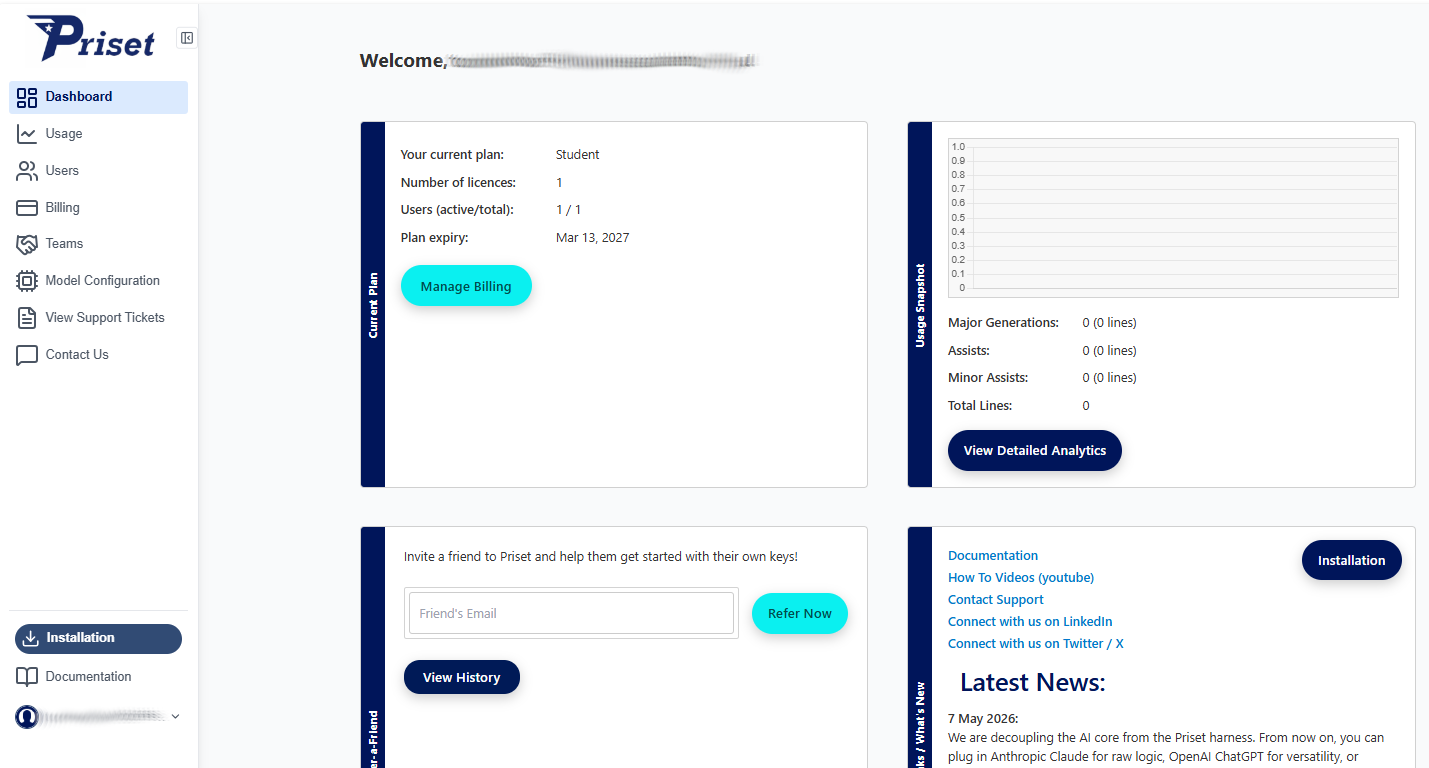 Priset User Dashboard